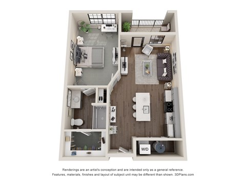 A 3D floor plan of a house with a kitchen, living room, and two bedrooms.